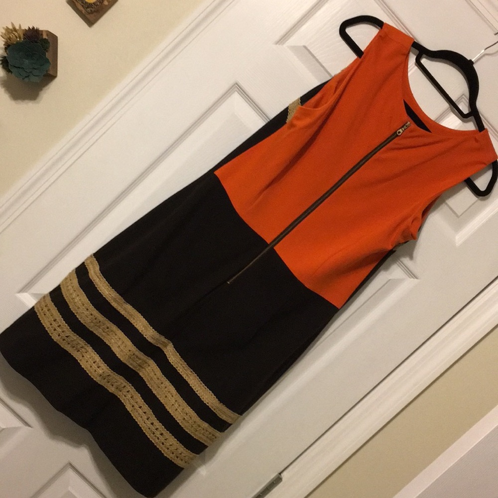 Taylor: Orange and Brown Sheath Dress - Picture 3 of 3